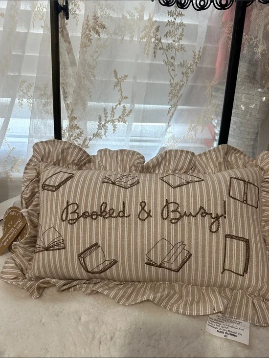 Moss & Willow “booked & busy!” Embroidered pillow decor
