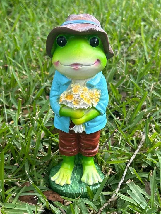 Garden Frog Figurine in Green with Blue Jacket and Brown Hat