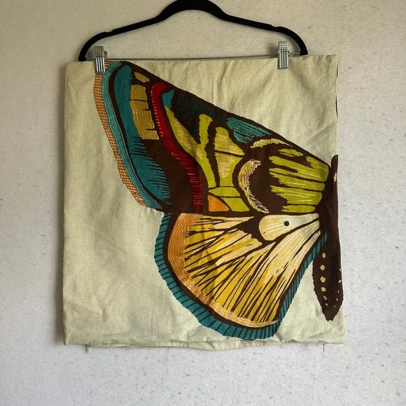 Embroidered Butterfly Wing Square Pillow Cover 20x20 Cream Teal Boho lot of 2
