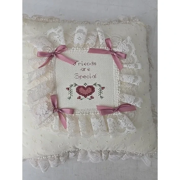 Vintage Eyelet Lace Throw Pillow Ivory Friends Handmade Pink Bows Embroidered
