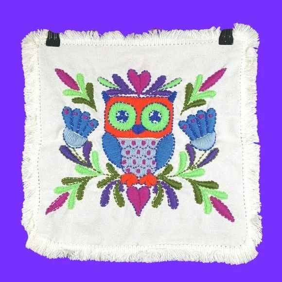 Vintage Embroidered Owl Crewel Pillow Cover 15x15 White Boho Decor