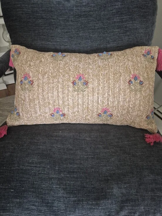 Decorative Beige Woven Lumbar Pillow with Pink Tassels