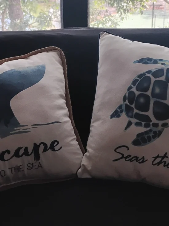 Coastal Turtle & Whale Throw Pillow Pair -Blue & White Embroidered Text. 16x16