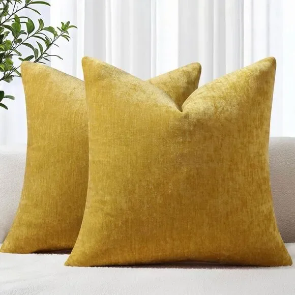 decorUhome Chenille Mineral Yellow Spring Throw Pillow Covers 24x24 Inch Set 2