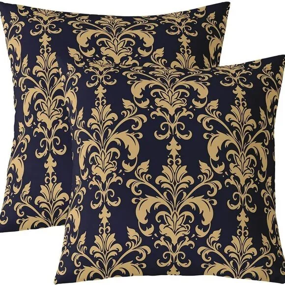 Gold Blue Damask Pillow Covers 24x24 Set of 2 Baroque Floral Decorative Cushions