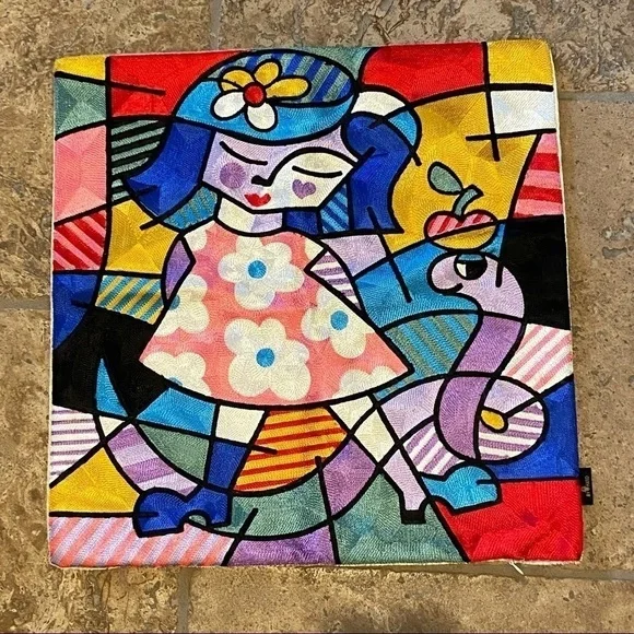 NWOT~BY HAND Embroidery Art Unique Colorful Cushion Covers 17 1/2”x18”