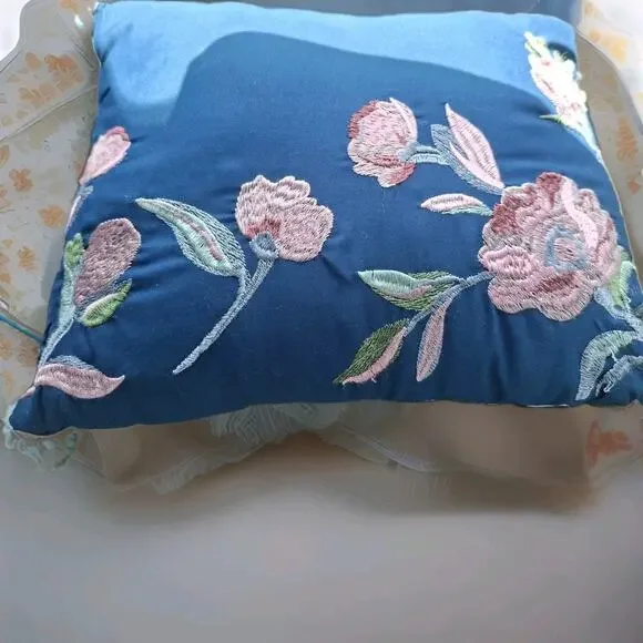 Decorative Blue Accent Throw Pillow With Tassels and Floral Embroidery