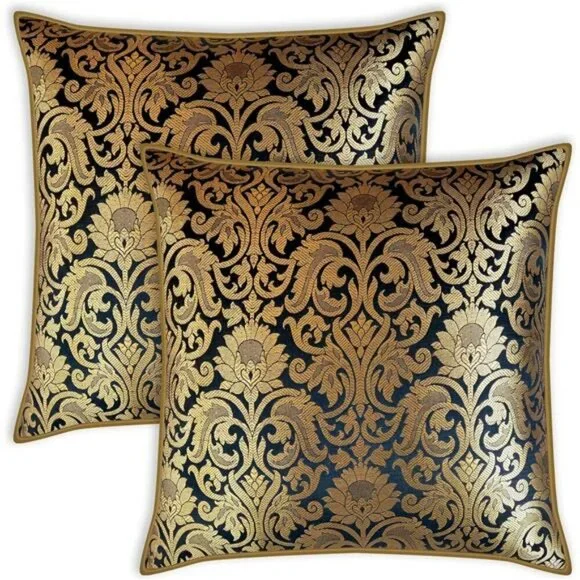 Black Gold Floral Brocade Pillow Covers 18x18 Set of 2 Decorative Cushion Covers