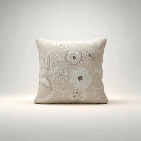 Pier‎ 1 Imports Floral Embroidered Beaded Throw Pillow Cover Ivory Square