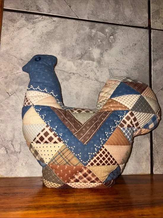 Vintage 90s Patchwork Quilted Chicken  Accent Pillow in Blue and Brown Handmade
