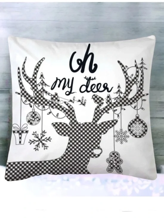 Pillow Cover Deer Christmas Zip Up Farmhouse White Black Plaid Large 17.7 in