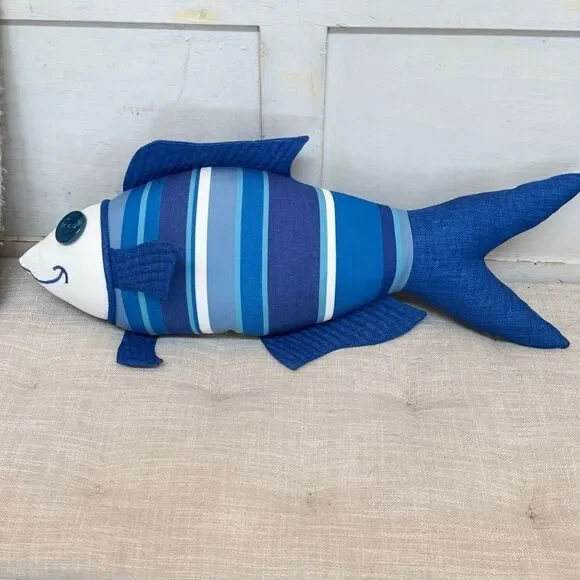 Fresh Catch Blue Striped Handcrafted Nautical Coastal Cottage Fish Accent Pillow