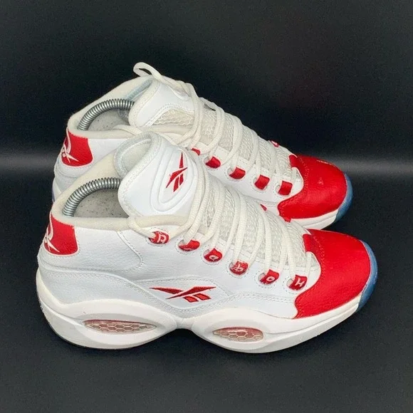 Reebok Question Mid White Red Basketball Shoes J98948 Men's Sz‎ 7 Women's Sz 8.5