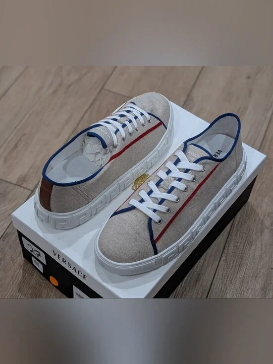 $750 VERSACE Canvas Low-Top Sneakers Beige/Red/Blue Palladium 43 US 10