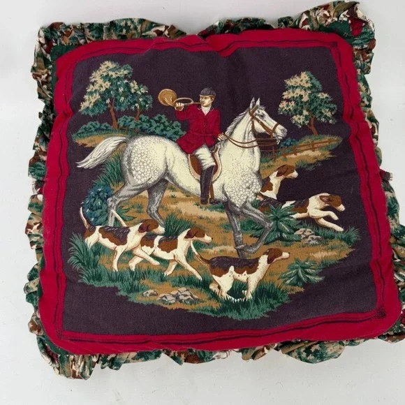Vintage throw pillow featuring an English equestrian fox hunting scene