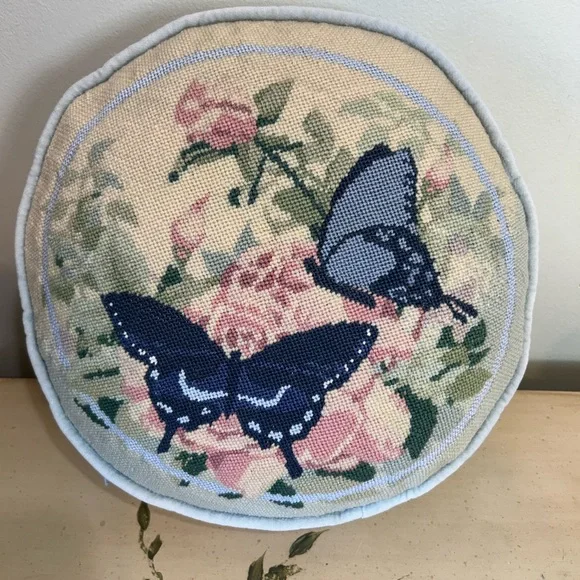Vintage Embroidered Blue Butterfly Floral Pink Roses Velvet Throw Accent Pillow