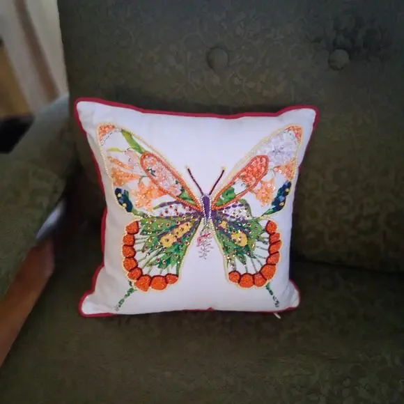 Soft Surroundings pillow cover + insert 12.5x12.5 beaded butterfly boho 70s