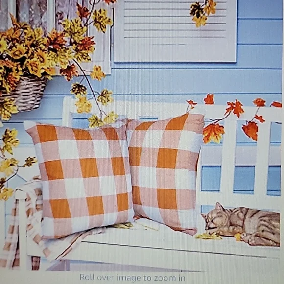 Set Of 2 orange & white Buffalo check pillow covers 16 x 16 inch linen New …