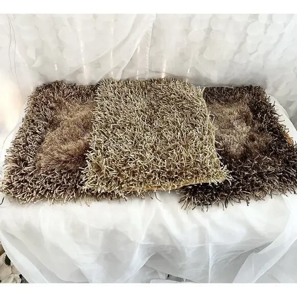 Set Of 3 BEIGE SHAGGY Square Throw Accent Pillows Carlo Perazzi Designer MODERN