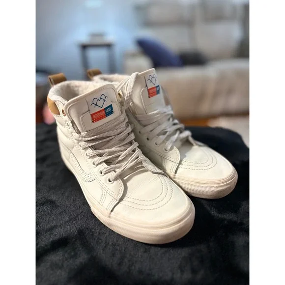 Vans Sk8-Hi Aimee Fuller White‎ Tan Leather High Top Sneakers Mens 6.5 Womens 8