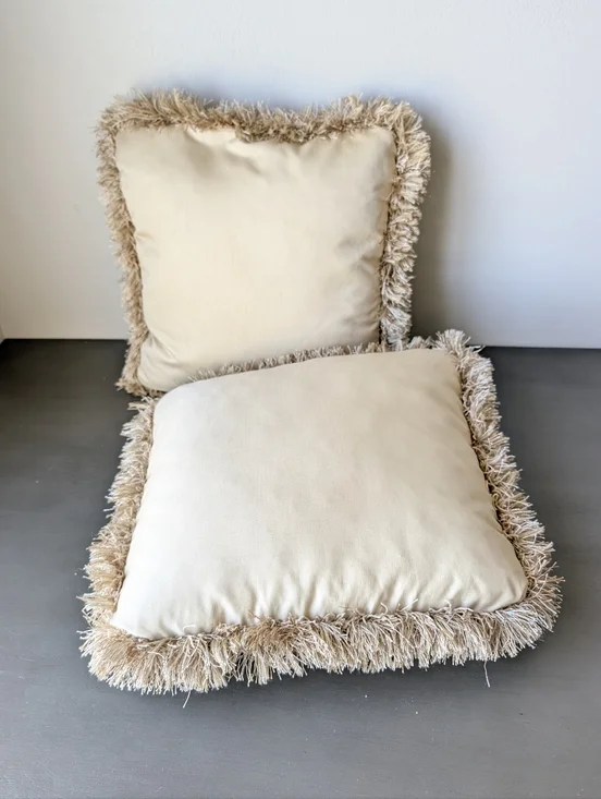 Boho Tan Fringe Throw Pillow Textured Neutral Woven Cushion Square Decorative