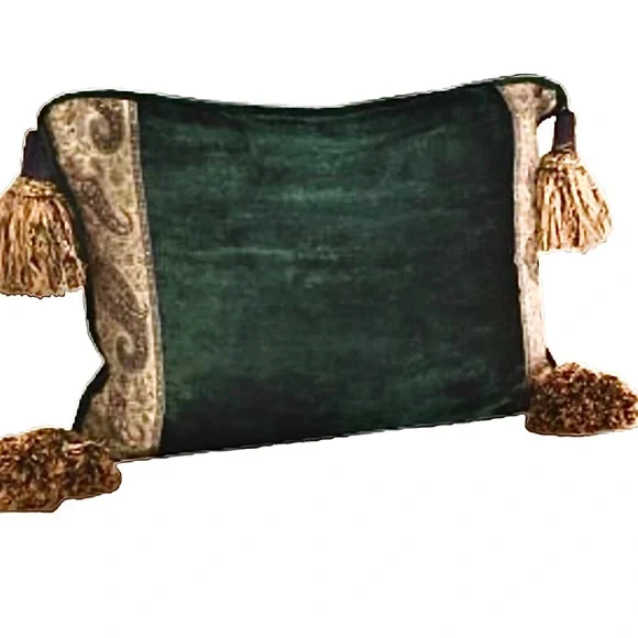 GREEN VELVET PILLOW WITH TASSELS & PAISLEY BORDER TRIM •