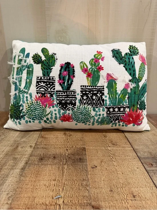 Throw Pillow- Rectangular Embroidered Cactus Pillow with Pink Accents 20”x13”