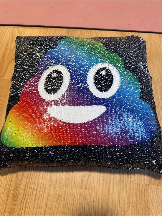 Sequin Reversible Poop Emoji Pillow - Brown & Black or Rainbow