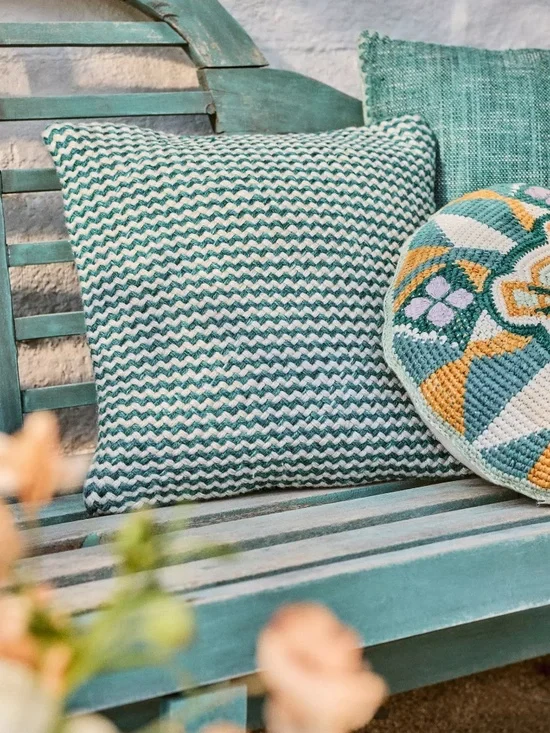 Anthropologie Chevron Indoor/Outdoor Woven Pillow in Teal Blue NWT