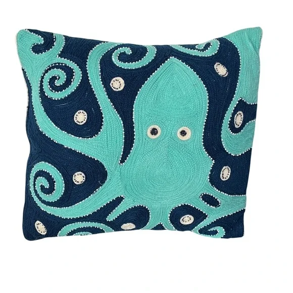Pottery Barn Kids Octopus Pillow Kids‎ 16x16 Blue Embroidered Nautical Coastal