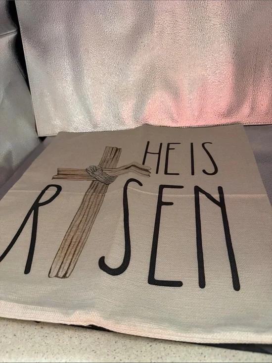 He Is Risen Decorative pillow cover -Beige with Black and Brown Print