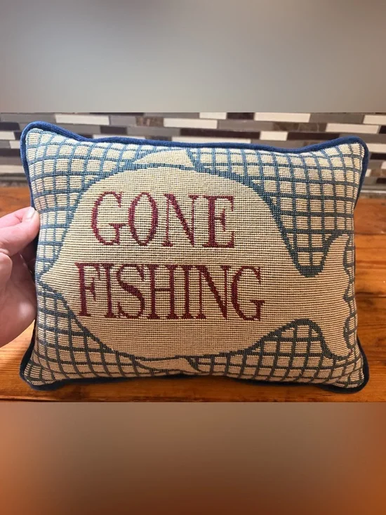 Gone Fishing Needlepoint Pillow - Red & Blue Text