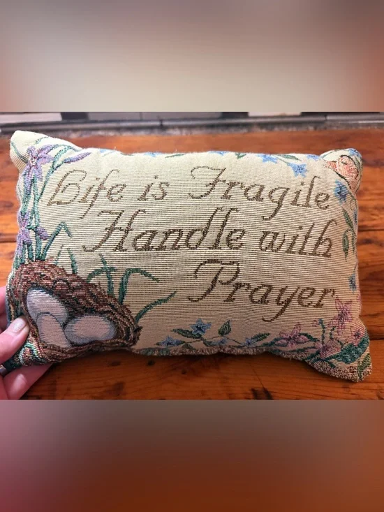 Embroidered Floral Needlepoint Pillow - Beige with Blue & Green Accents