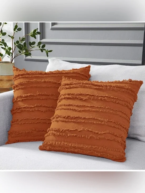 Fringed Textured Throw Pillow Pair - Burnt Orange
