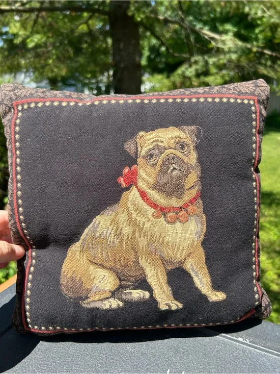 Vintage Pillow Tapestry Pug Dog Throw Black Tan Regal Double Sided Accent 11x11