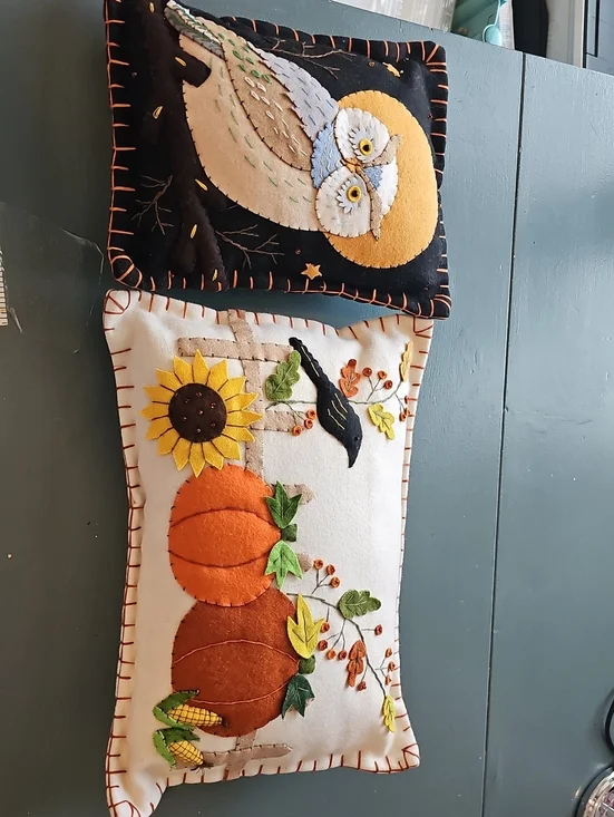 Handmade Fall Harvest Owl Pumpkin Felt Pillows Set Size OS Multi Folk Art Decor
