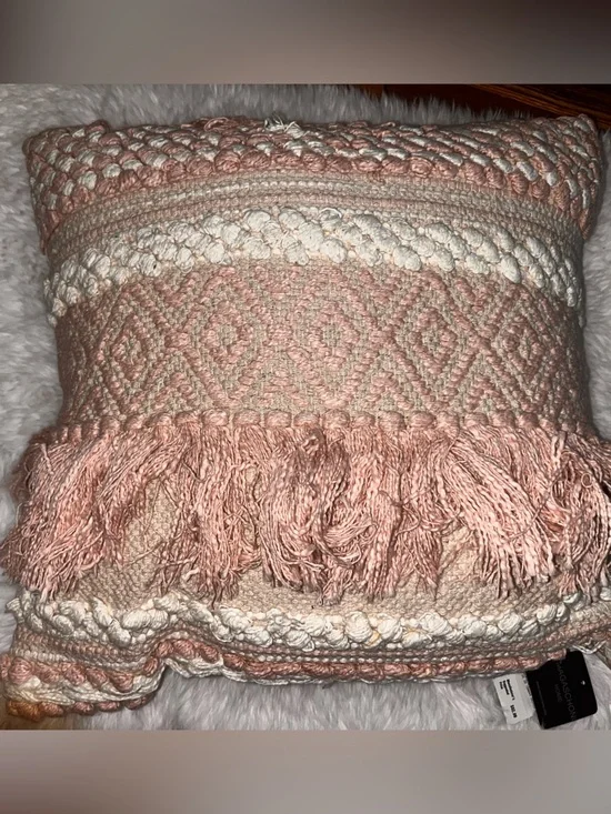 Magaschoni Pink and Cream Boho Textured Fringe Accent Pillow