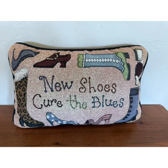 Vintage Tapestry Style Throw embroidered Pillow New Shoes Cure The Blues~ 12 X 7