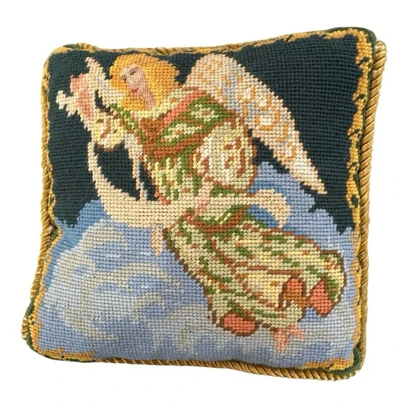 Needlepoint Petit Point Pillow Angel Blue‎ Velvet Zip Backing Gold Corded Edge
