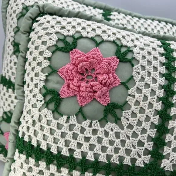 Vintage Hand Crocheted Granny Square Accent Pillow 14