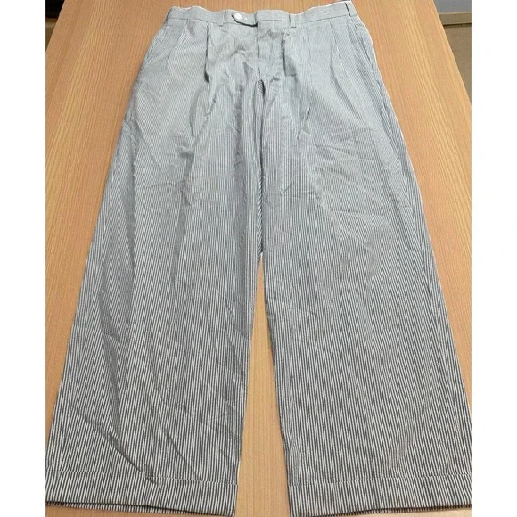 Charleston Khaki By Berle Blue Striped Seersucker Cuffed Chino Pants Sz‎ 33 x 29