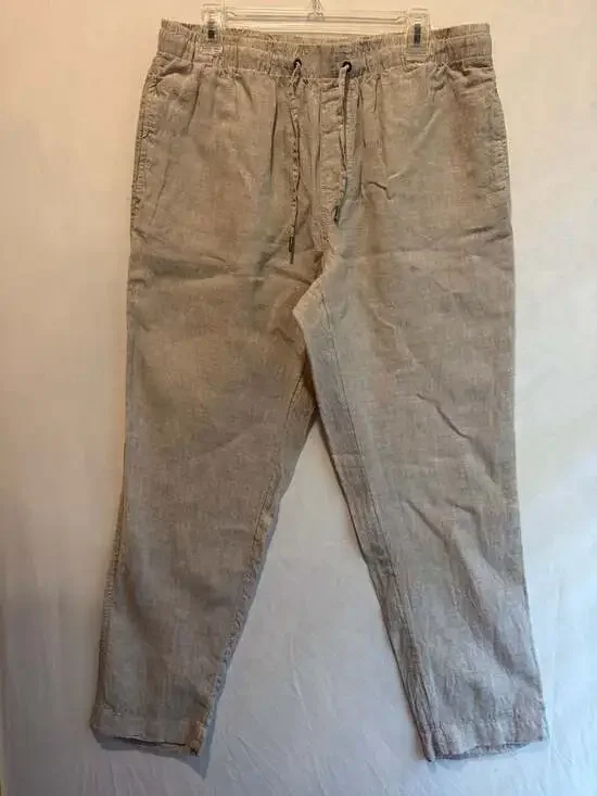 Panama Jack Men's 100% Linen Elastic Waist Casual Beach Pants, Beige, Size L