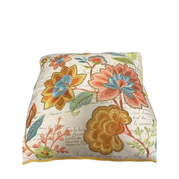 Linen Embroidered Beaded Floral Accent Pillows set‎ of two 12