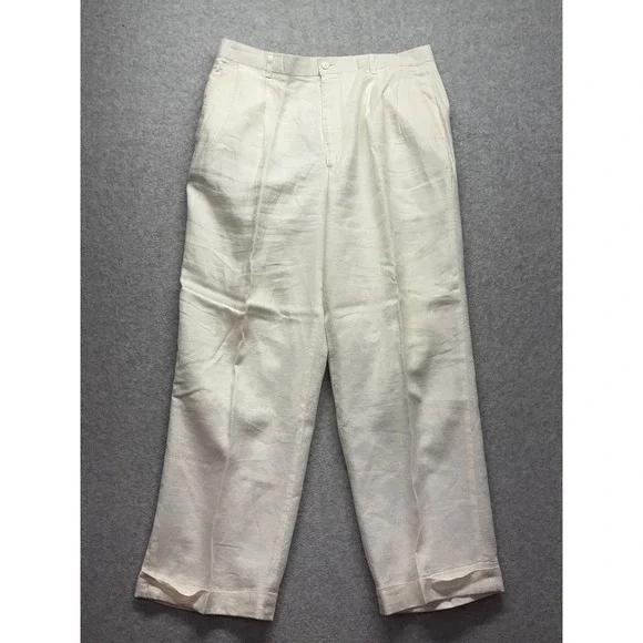 Man of Fashion Mens 36 White 100% Linen Pleated Wide Leg Dress Pants Trousers