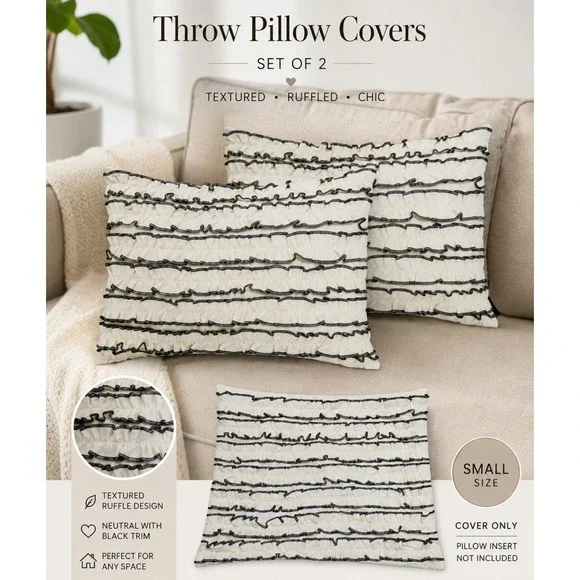 Laura Ashley Home Set of 2 Ruffled Pillow Covers 12x16 Cream Black Cotton