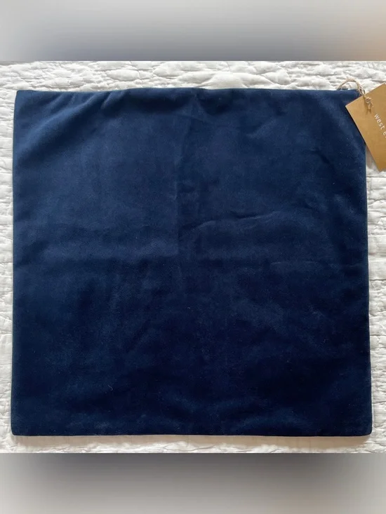 NWT West Elm Navy Blue Velvet Throw Pillow Cover Linen Cotton Blend Back 18”