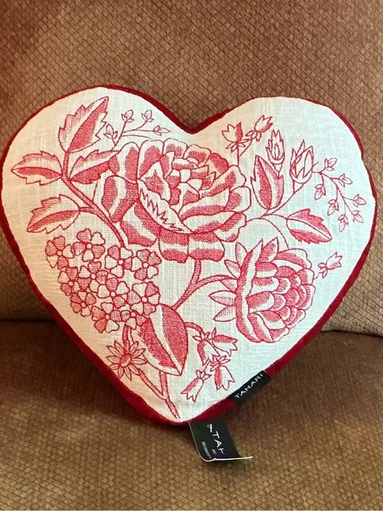 Tahari Embroidered Red and Cream Floral Heart Pillow
