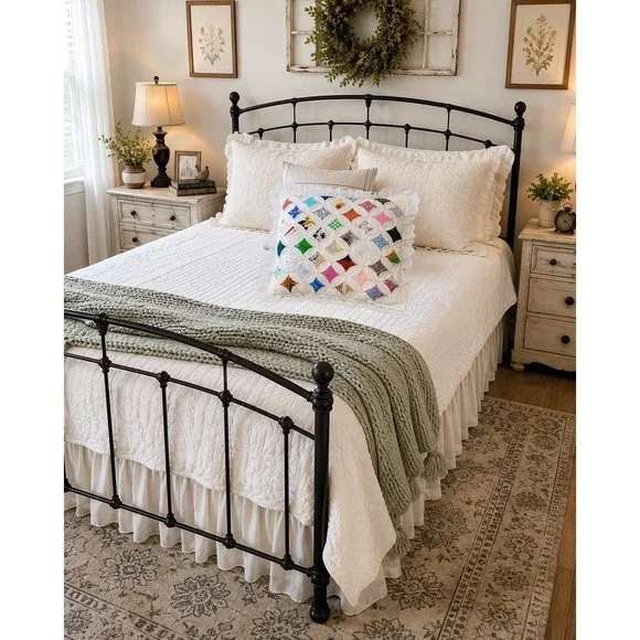 Vtg Handmade Cathedral Window Quilt Pillow 12x12 Double Side Eyelet trim grandma