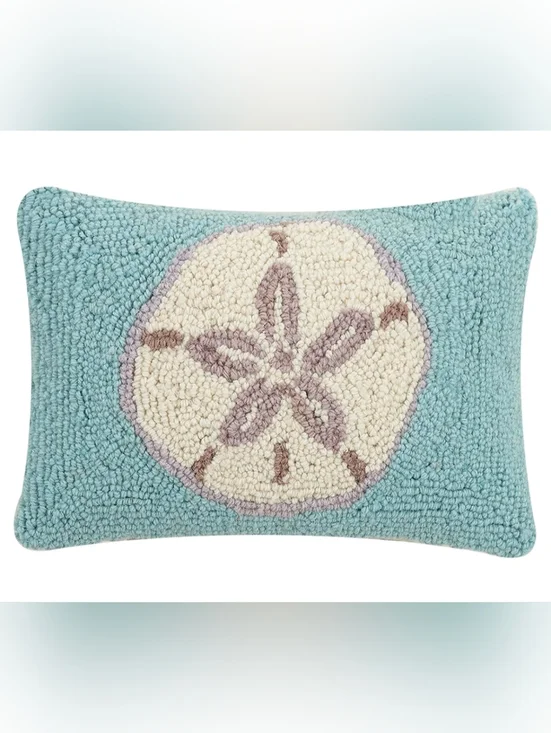 New Aqua Hand Hooked Pillow with Sand Dollar Motif