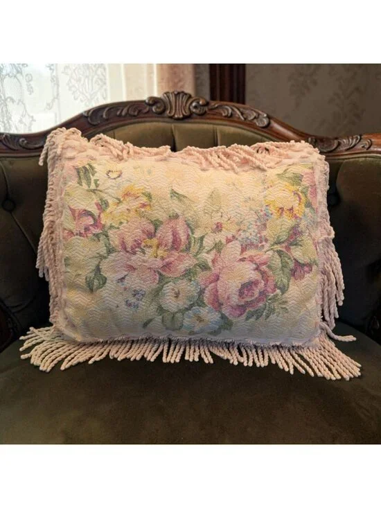 Vintage Floral Chenille Throw Pillow Fringe Pink Cream Tones Shabby Chic Cottage